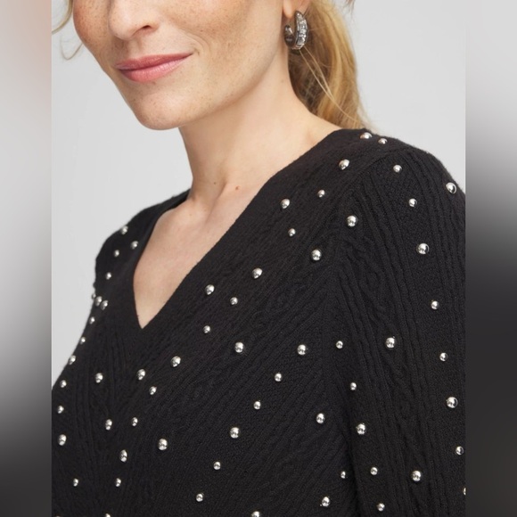 New Chico’s Black Sweater Studded V-Neck Holiday Pullover Knit Size 1 (Medium) - Picture 5 of 8